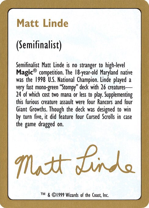 1999 Matt Linde Biography Card